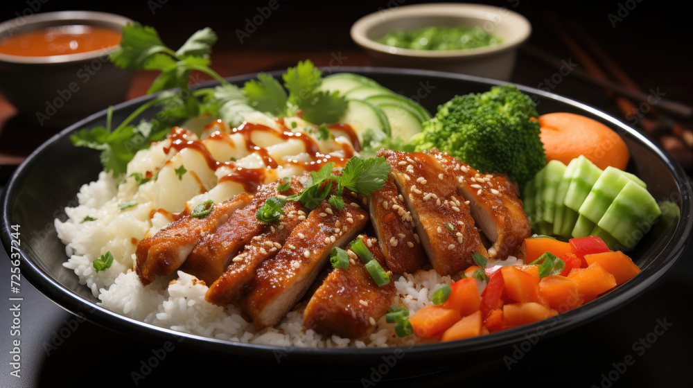 Sliced Katsu curry, rice, and vegetables in black bowl on wooden table isolated on white background created with Generative AI Technology