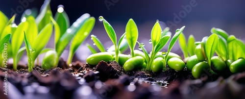 Closeup macro shot baby plants, morning dew on beautiful tiny sprouting shoots
