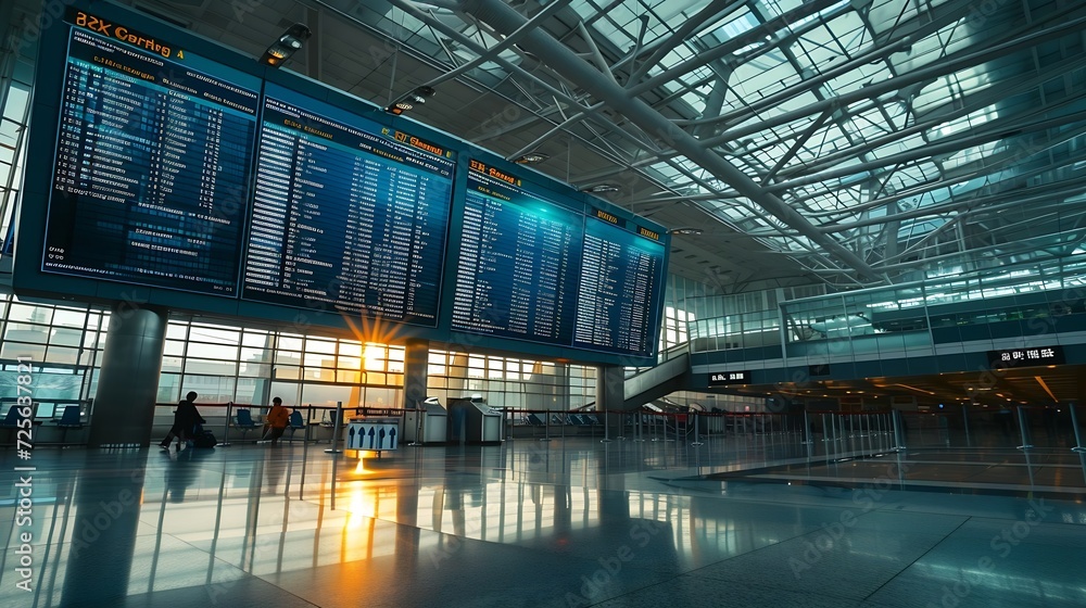 Naklejka premium Generative AI : Check in, Airport Departure & Arrival information board sign