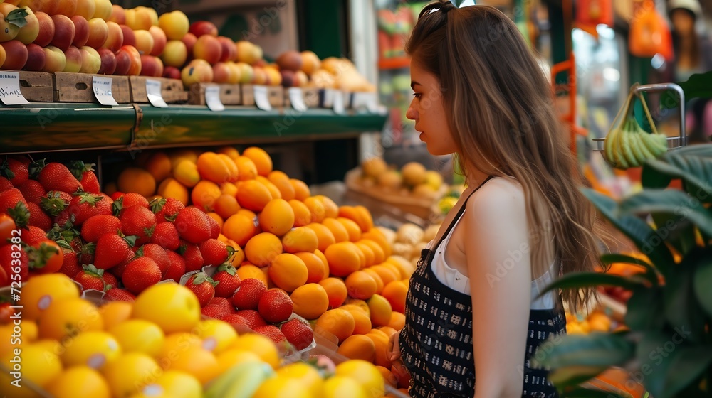 Generative AI : Young cheerful woman choosing fresh fruits at local market,
