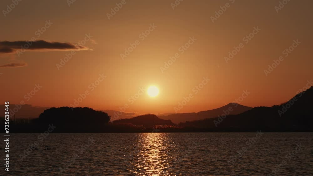 Colorful sunset over calm lake water surface Colorful sunset over calm lake water surface