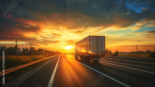 Generative AI : Truck transportation on the road at sunset