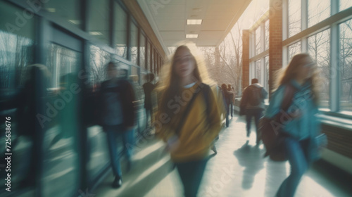 Blurred photo of middle school students walking between classes at busy school