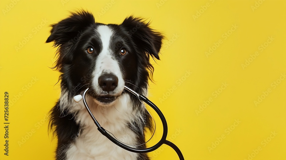 Generative AI : Puppy dog border collie holding stethoscope in mouth isolated on yellow background. Purebred pet dog on reception at veterinary doctor in vet clinic. Pet health care and animals concep