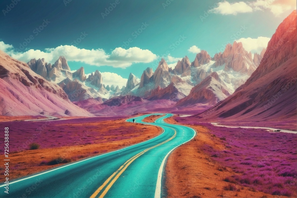 Colorful picture of a winding paved road in the mountains: Path to the horizon.