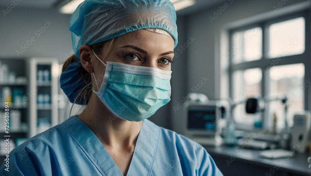 Female Doctor in Surgical Gown, Mask, Cap, and Gloves in Medical Office Female Doctor in Surgical Gown, Mask, Cap, and Gloves in Medical Office