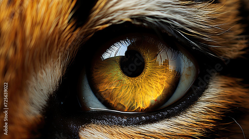 Sharp yellow predator bengal tiger retina iris eye macro closeup details created with Generative AI Technology photo