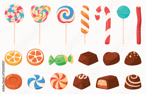 A set of sweets and candies. Chocolate and lollipops. Sweet shop. Vector illustration