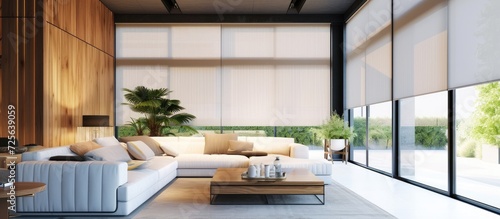 Large automatic double solar blackout roller blinds and electric sunscreen curtains enhance the modern interior with wood decor panels on walls. photo