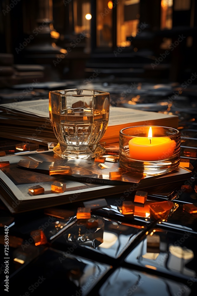 Candles, books and a glass of wine on the table in the dark