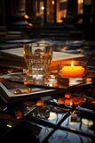 Candles, books and a glass of wine on the table in the dark
