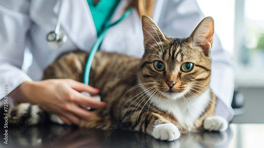 Generative AI : Medical Checkup For Pet. Veterinarian Lady Examining Domestic Cat Using Stethoscope, Listening To Lungs And Heart Sounds 