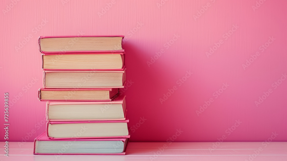 Stack of books on a pink background. Stack of books on a pink background.