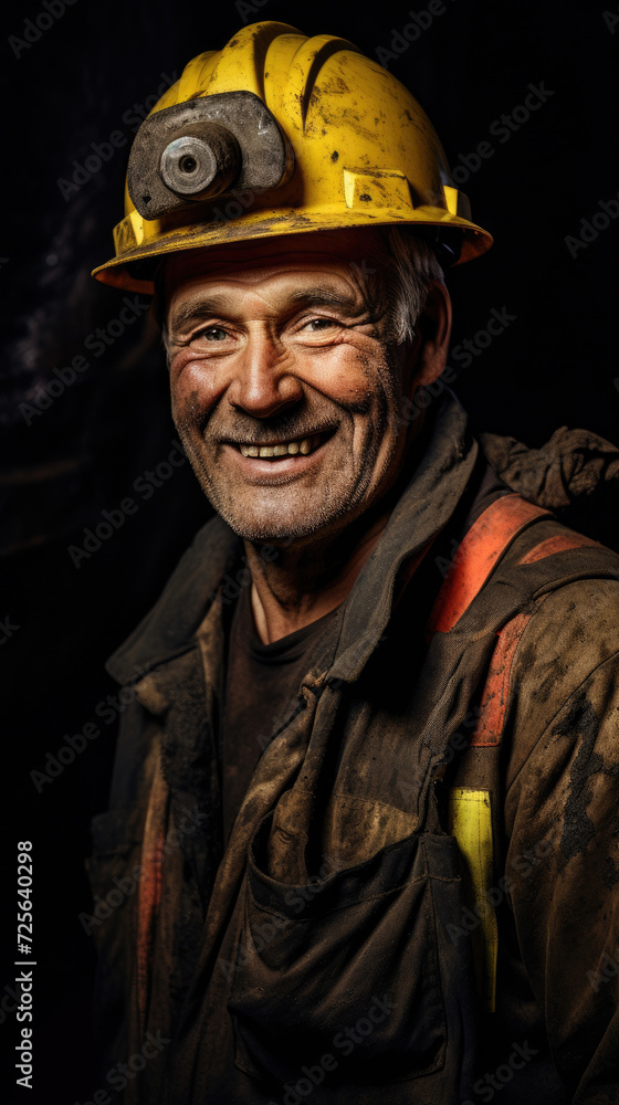 Smiling and happy coal mine male worker wearing head protection helmet