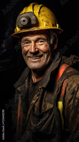 Smiling and happy coal mine male worker wearing head protection helmet and uniform in dark workplace mining site