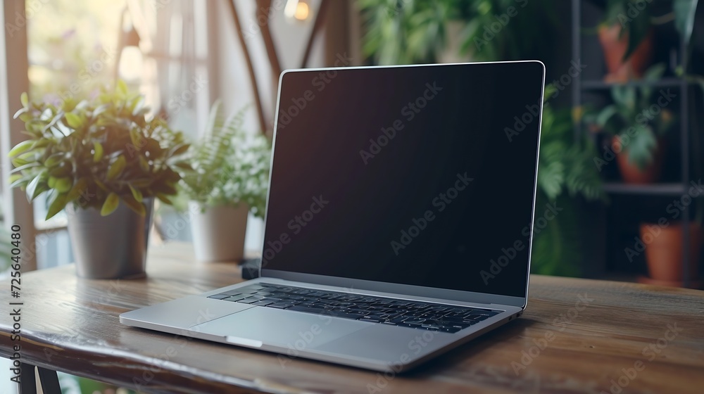 Generative AI : Workspace with mockup blank screen laptop computer. Generative AI : Workspace with mockup blank screen laptop computer.