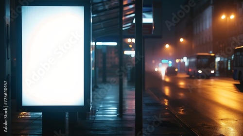 Generative AI : Blank white mock up of vertical light box in a bus stop at night photo