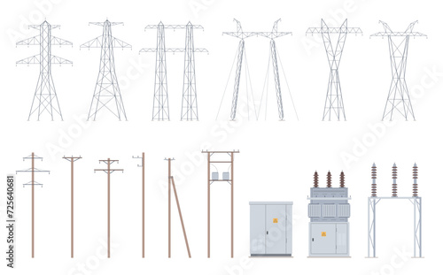 Power lines. High voltage cables, hanging wires, supports. Power transmission lines that deliver energy. Vector illustration