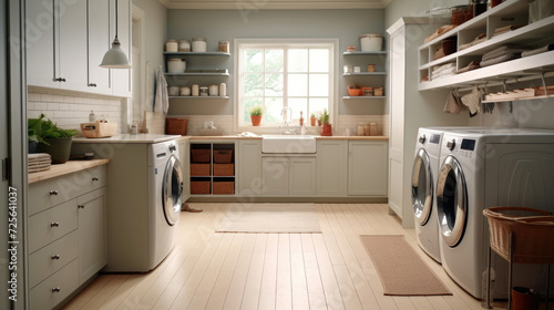 Interior of modern laundry room with washing machine