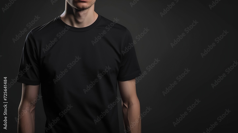 Generative AI : Shirt design and people concept - closeup of young man in blank black tshirt front and rear isolated. Mock up template for design print Generative AI : Shirt design and people concept - closeup of young man in blank black tshirt front and rear isolated. Mock up template for design print