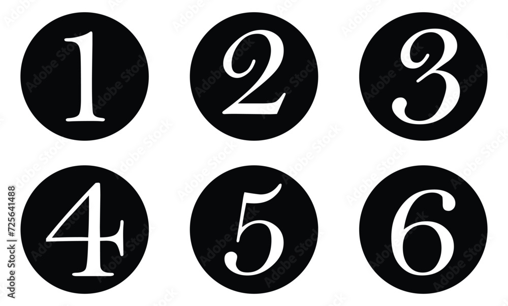 Numbers from 1 to 6 in black circles. Vector illustration. Eps file 10. Numbers from 1 to 6 in black circles. Vector illustration. Eps file 10.