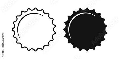 Beer bottle cap icons. Blank label in the shape of aluminum bottle cap. Top view. Soda or beer metal lid. Black and white flat icon. Vector illustration isolated on white background.