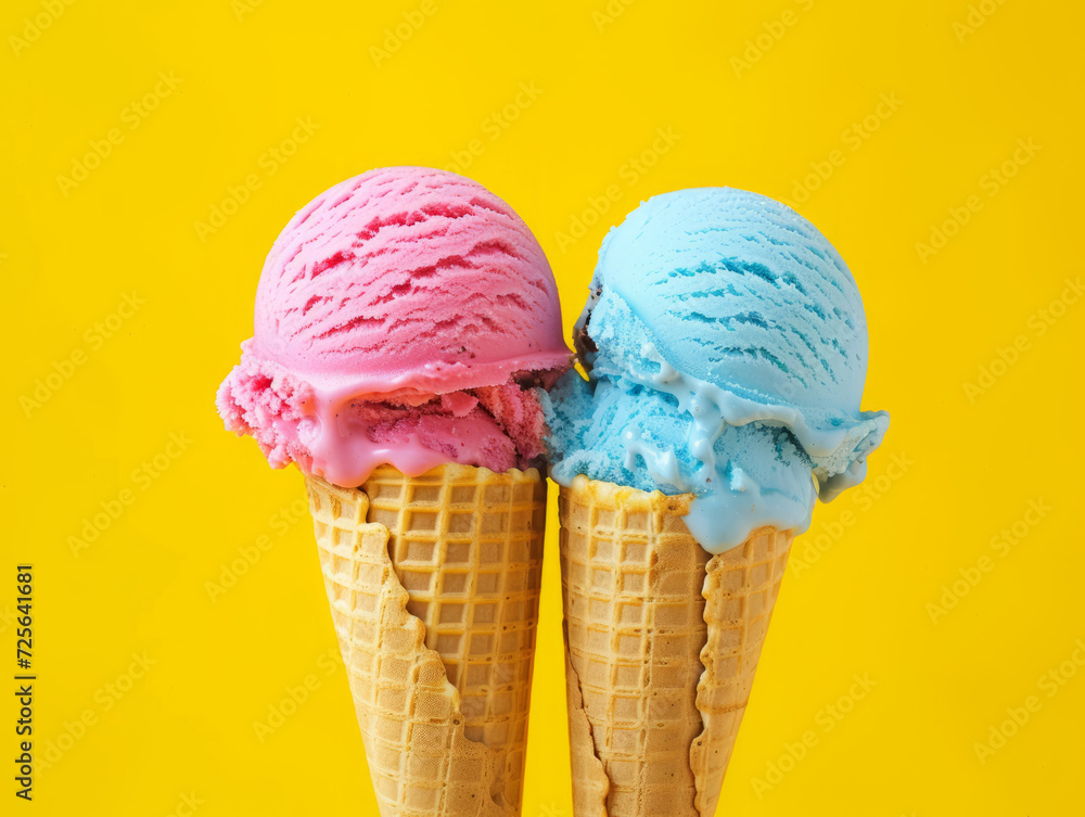 Two popsicles in cones on a yellow background. Two popsicles in cones on a yellow background.