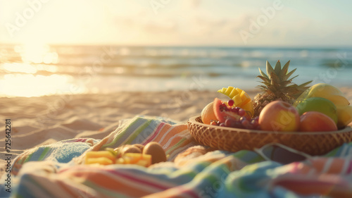 Relaxation on the beach. A plate of fruit on the shore.