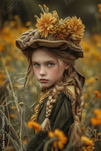 child with a vintage flower hat in autumn forest