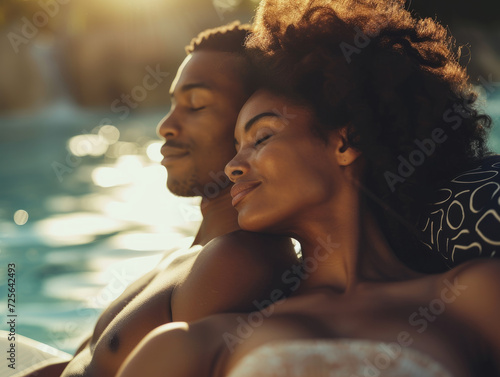 A guy and a girl are relaxing near the pool.