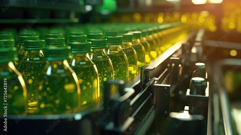 Fototapeta premium Production of natural juices in bottles on the factory juice conveyor