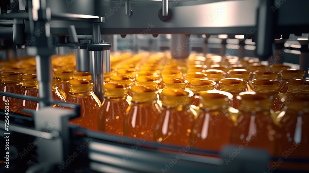 Production of natural juices in bottles on the factory juice conveyor Production of natural juices in bottles on the factory juice conveyor