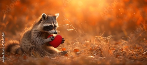 Cute raccoon presenting heart shaped gift on magical defocused background valentine s day concept