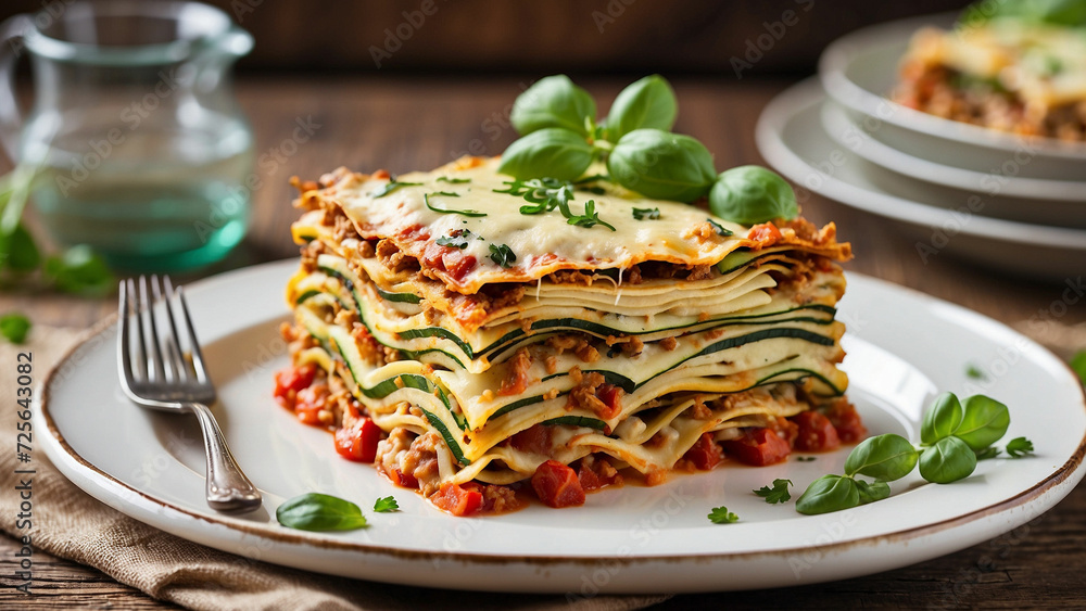 Visual appeal of a zucchini lasagna plated on a traditional dish placed on a rustic wooden table with vibrant colors, textures, and presentation that make it an enticing and appetizing meal Visual appeal of a zucchini lasagna plated on a traditional dish placed on a rustic wooden table with vibrant colors, textures, and presentation that make it an enticing and appetizing meal