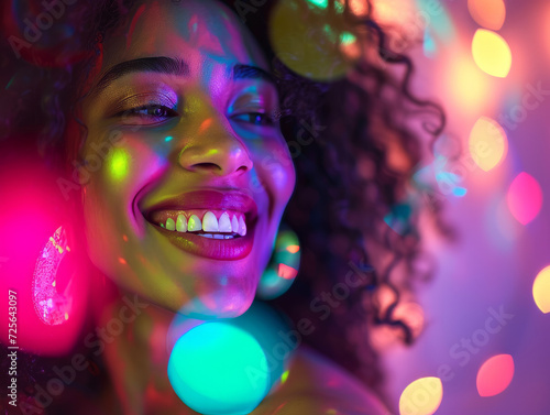 Beautiful girl in colored bokeh lights.