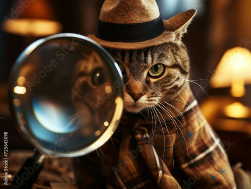 Experienced cat detective with a magnifying glass