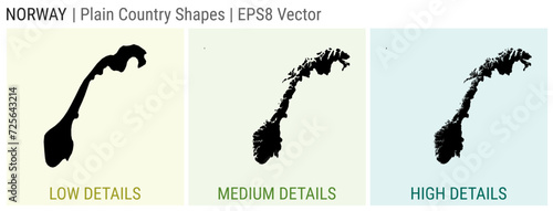 Norway - plain country shape. Low, medium and high detailed maps of Norway. EPS8 Vector illustration.