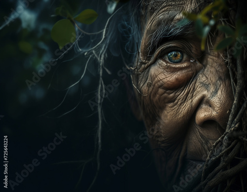 an old witch in a dark forest