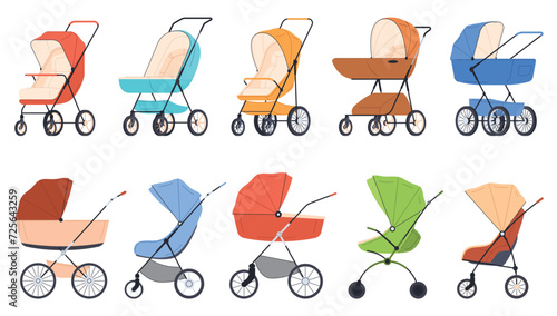 Set of strollers, prams, pushchairs. Childs carts, infants transports for walking, different design types. Empty baby carriages, wheeled cradles. Vector illustrations