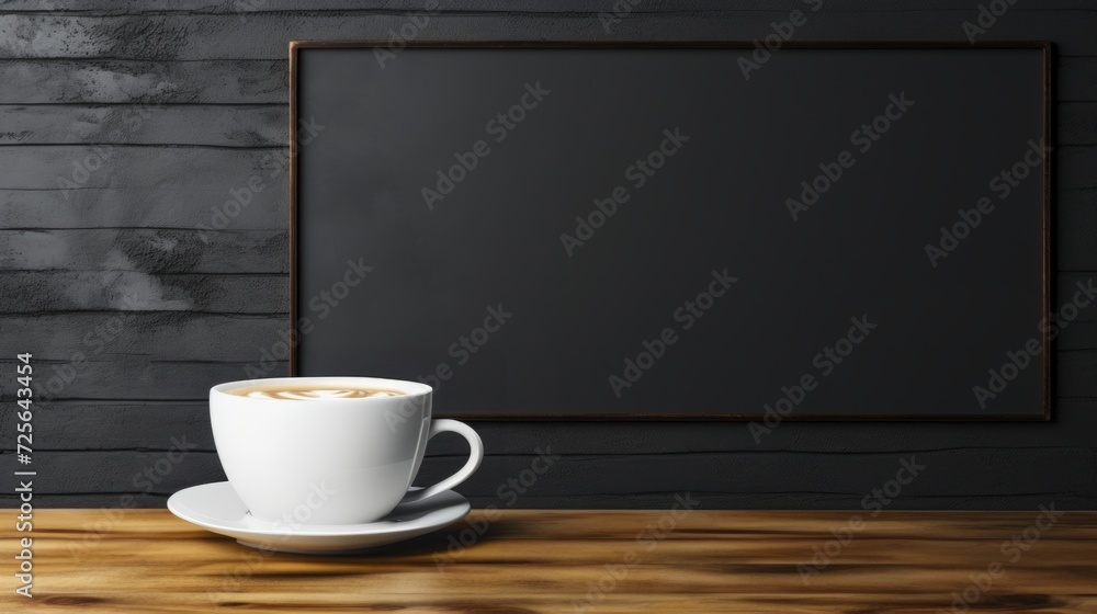 Obraz premium White cup of coffee sits on a wooden table, next to a blackboard.