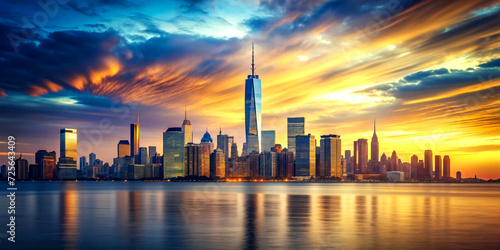 City skyline bathed in the warm hues of a setting sun, casting silhouettes of buildings against the evening sky with a touch of urban serenity