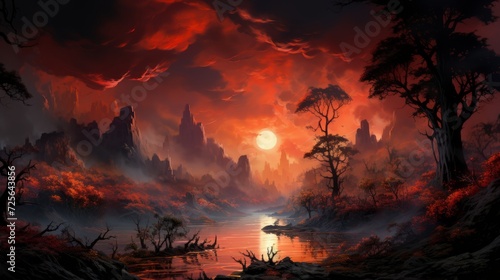Landscape with red sunset and river.