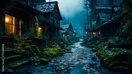 Dark medieval old empty street with houses and paving stones.