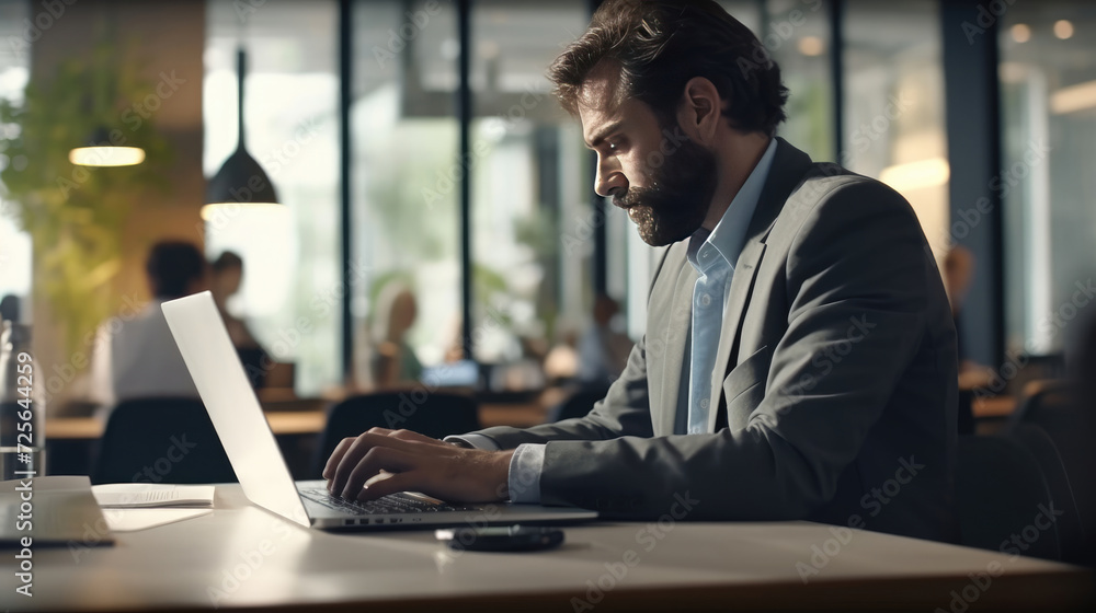 A businessman working on a laptop computer in a modern office A businessman working on a laptop computer in a modern office