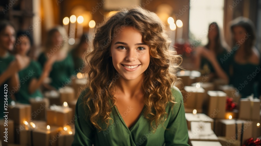 A happy girl in a green dress smiles as she prepares for the holiday. A happy girl in a green dress smiles as she prepares for the holiday.