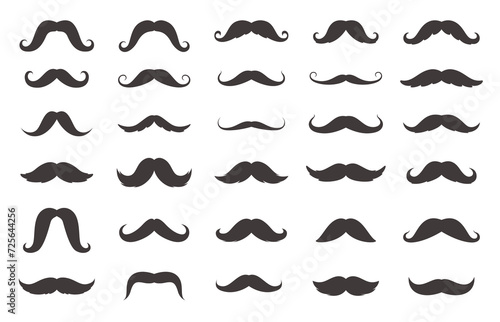 Mustache set. A man mustache is of different shape and appearance. Decoration for parties, fake mustache. Vector illustration