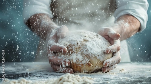 Generative AI : Man baking bread. Sprinkling some flour on dough. Hands kneading dough. photo