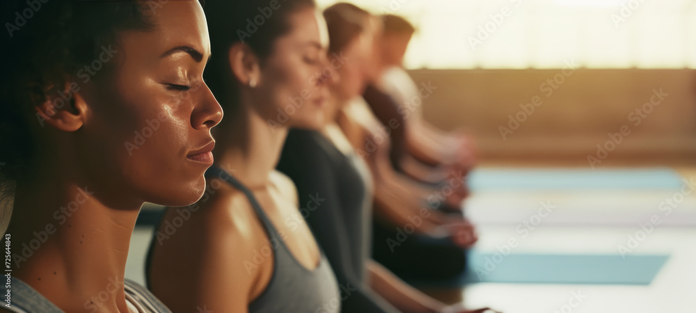 Group meditation at seated cross-legged meditation practice during workout yoga session at sports club, breath exercise, closed eyes - obrazy, fototapety, plakaty 