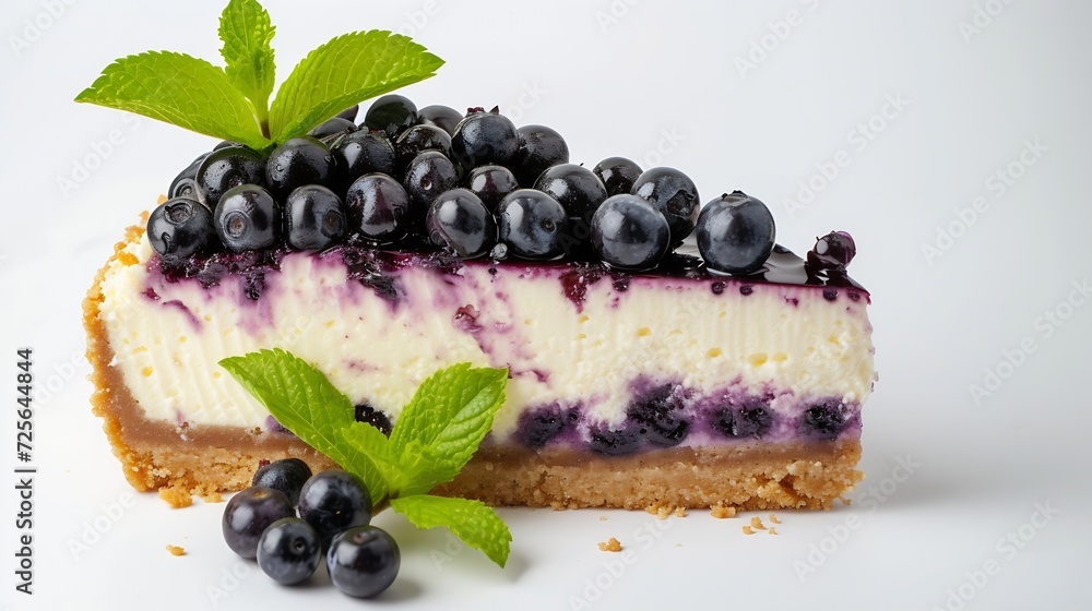 Generative AI : Piece of cheesecake with blueberries and mint isolated on white background. Generative AI : Piece of cheesecake with blueberries and mint isolated on white background.