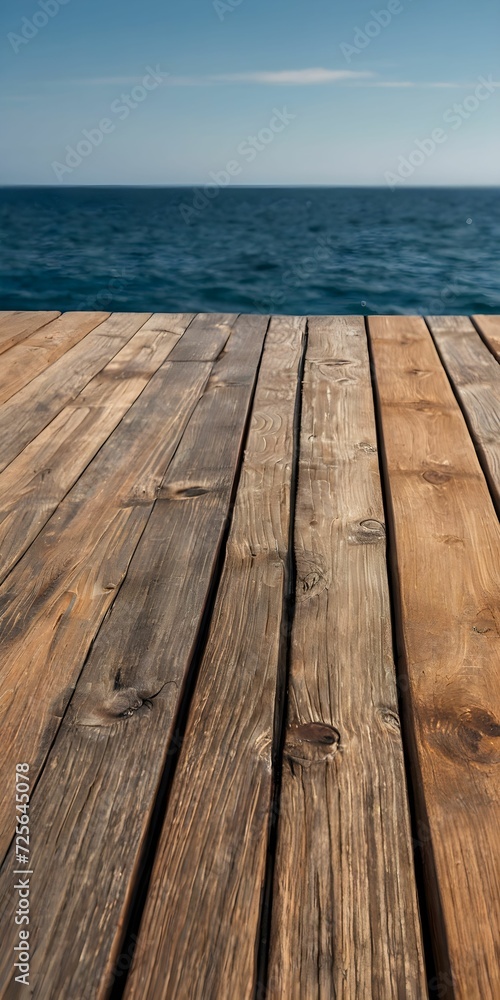 An empty wooden table for displaying goods against the background of the sea